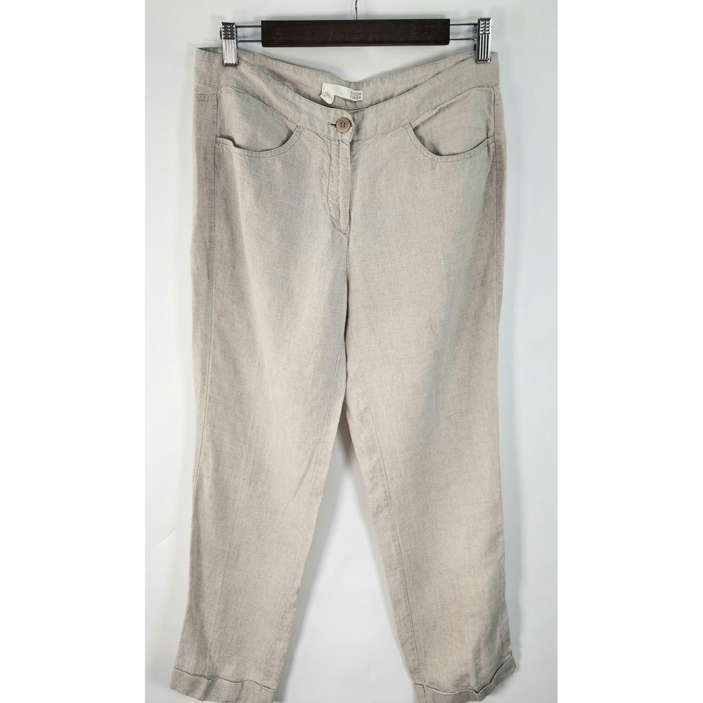 Eileen Fisher Linen Pants Women's 6 Beige Straight Leg Cuff Hem Bohemian Preppy